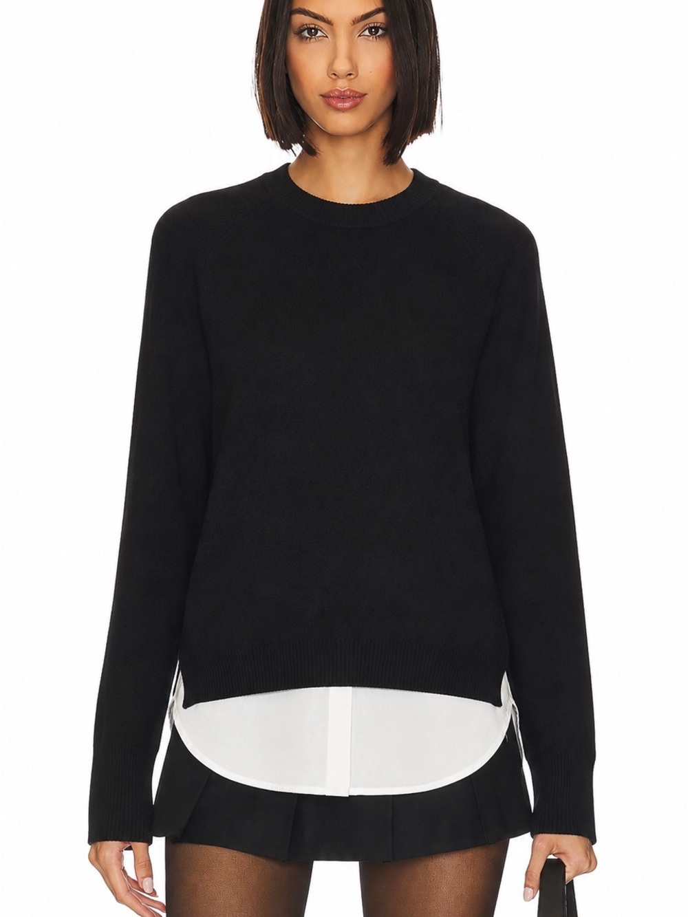 Brochu Walker Layered Sweater XS Black White Mixed Media Pullover Knit Top